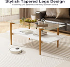 Glass Coffee Table, Rectangle Living Room Center Table with Golden Legs, Mid-Century Modern Accent Tables with Open Shelf for Living Room, Office, White