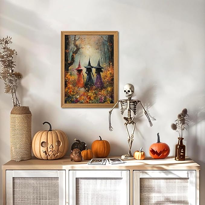 Framed Vintage Halloween Witch Wall Art – Halloween 3D Texture Witches Pictures Fall Decor for Living Room, Mysterious Forest Witchy Sandstone Aesthetic Art Prints for Bedroom Kids Room – 12x16in