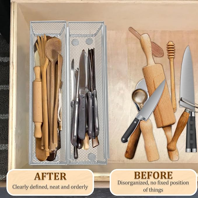 4PCS Drawer Organizer, Mesh Drawer Organizer with Interlocking Arm for Utensil, Cosmetic, Flatware, Pen (12 * 3 * 2 Inches, Grey)