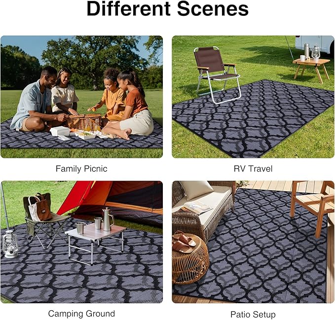OLANLY Reversible Outdoor Rug 6x9 ft Clearance, Waterproof Outdoor Plastic Straw Rug with Interlacing Pattern, RV Mat for Patio, Camping, Balcony, Deck, Backyard, Black & Grey
