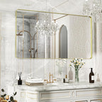 55×30 Gold Bathroom Mirror, Rectangular Bathroom Vanity Mirror for Wall with Rounded Corners & Aluminum Alloy Frame, Tempered-Glass, Modern, Farmhouse, Horizontal/Vertical, Entryway, Bedroom