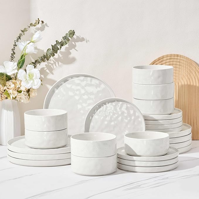 Herogo 24 Pieces Dinnerware Sets for 8, Dishes Plates and Bowls Sets for Kitchen, Dinner Stoneware Dishware, Dishwasher & Microwave Safe, Speckled White