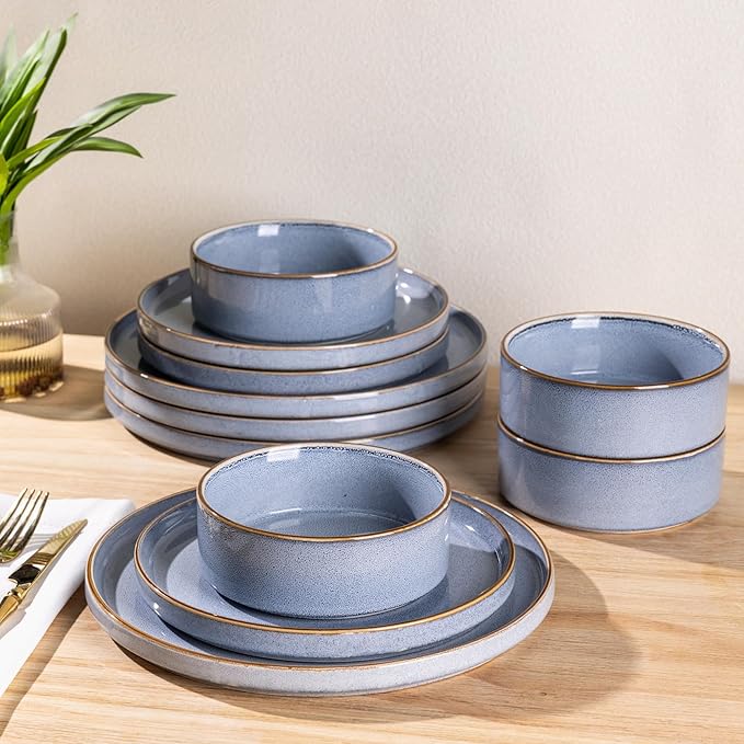 GBHOME Ceramic Dinnerware Sets for 4, 12 Pieces Stoneware Plates and Bowls Sets, Reactive Glaze Dishes -Scratch Resistant, Dishwasher&Microwave Safe-Brunnera Blue