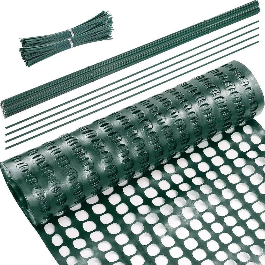 Plastic Garden Fencing Roll Safety Construction Barrier Outdoor Snow Mesh Fence Garden Netting, 1.2 Inch Mesh, Coated Iron Wire Support Stakes, Cable Ties for Garden (Green,2 x 100 Feet)