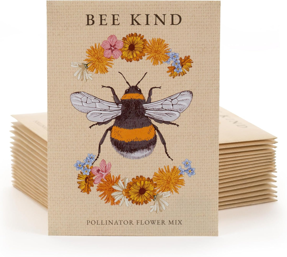 Bentley Seed Co. | Bee Kind Pollinator | Beautiful Bee Art | Environmental Favors Cards for Guests Seed Packets | Pollinator Wildflower Mix Seed Packets | Eco-Friendly Hand Out Gift | 25 Pack