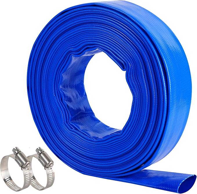 1-1/2" x 25 FT Pool Backwash Hose, Blue Heavy Duty Reinforced PVC Lay Flat Water Discharge Hose for Swimming Pool Filter Pump,with 2 Clamp