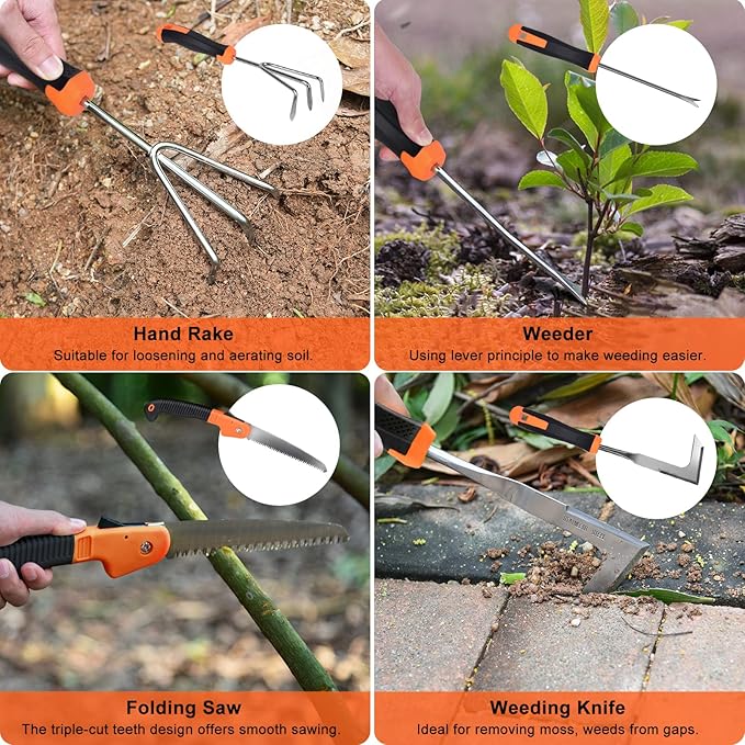 Garden Tools Set, Carsolt 10 Piece Stainless Steel Heavy Duty Gardening Tools Set for Planting Pruning Gardening Kit with Durable Gardening Bag Gloves Gift Box Ideal Garden Gifts for Women Men(Orange)