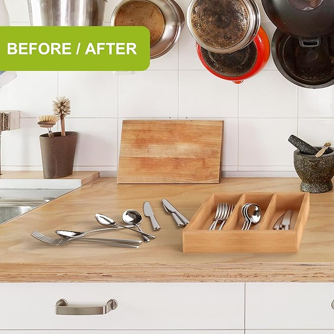 Bamboo Utensil Drawer Organizer, Silverware Tray Organizer, Kitchen Drawer Organizer for Flatware Cutlery, (Natural, 3 Slots)