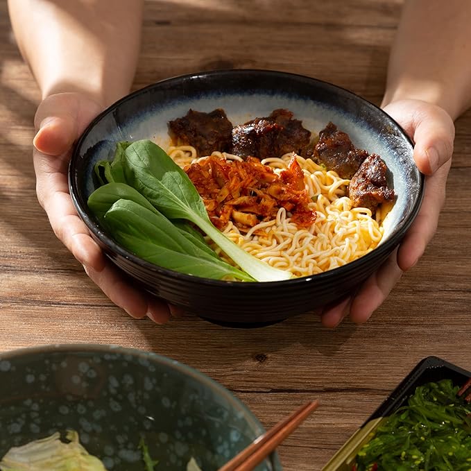 8 Inch Ceramic Ramen Bowl Set of 2, 40oz Japanese Bowls with Spoons & Chopsticks,Durable,Microwave & Dishwasher Safe,Perfect for Ramen,Pho,Salad,Soup,Noodles，Mixing bowls（Jade Green）