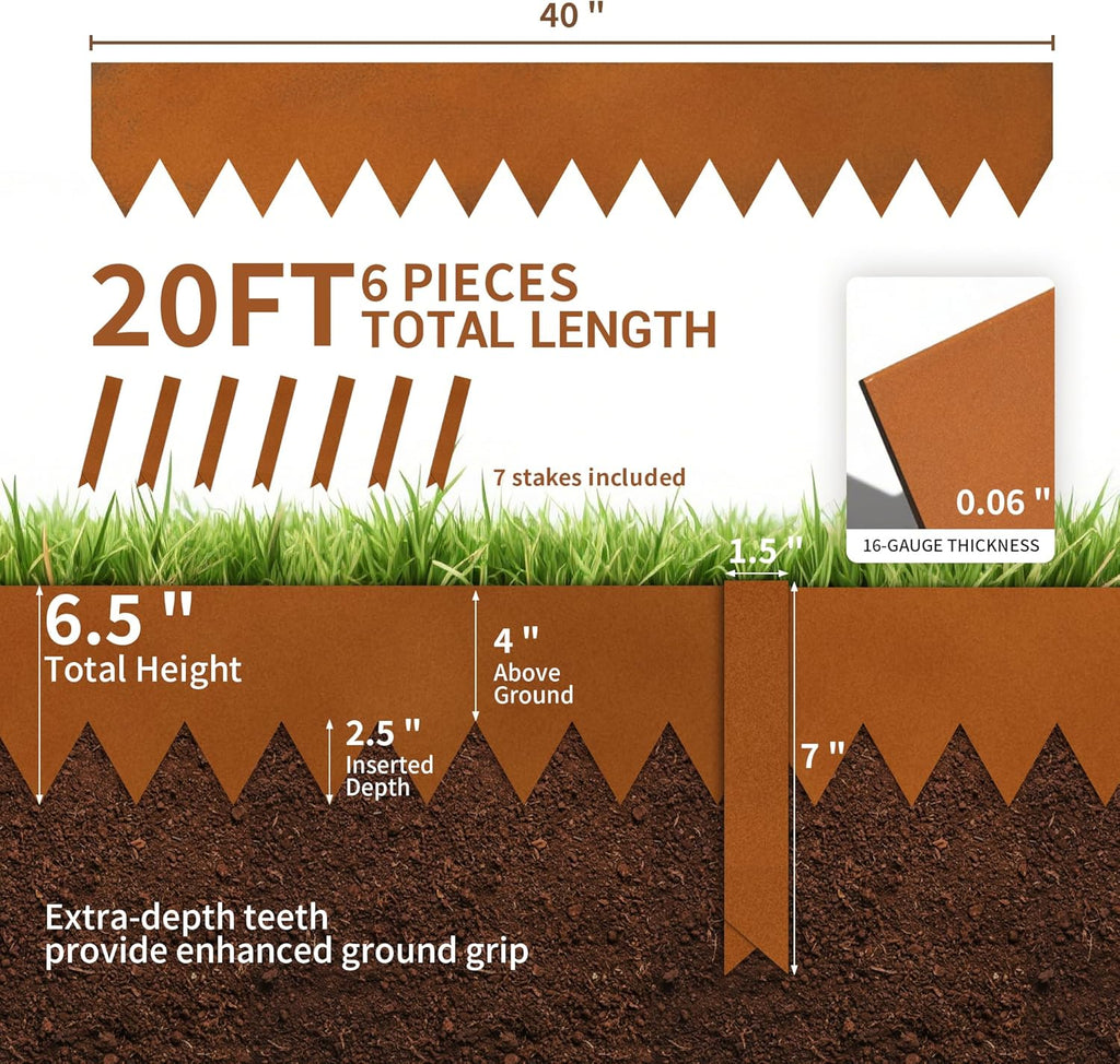 Worth Garden 20ft. Galvanized Steel Landscape Edging - 6-Pack 6.5" x 40" Metal Edging for Landscaping with 7 Stakes, Rust-Like Powder Coating Hammer-in Lawn Edging for Yard Pathway Divider