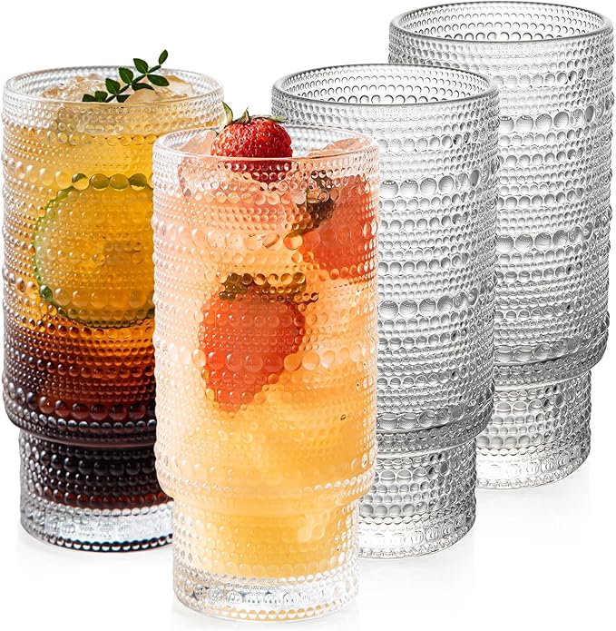 4 Pack Vintage Glassware Drinking Glasses Set, 16 oz Hobnail Glassware, Embossed Clear Water Tumbler, Cocktail Glass Cups for Kitchen and Bar, Perfect for Juice, Iced Coffee, Whiskey, Beer