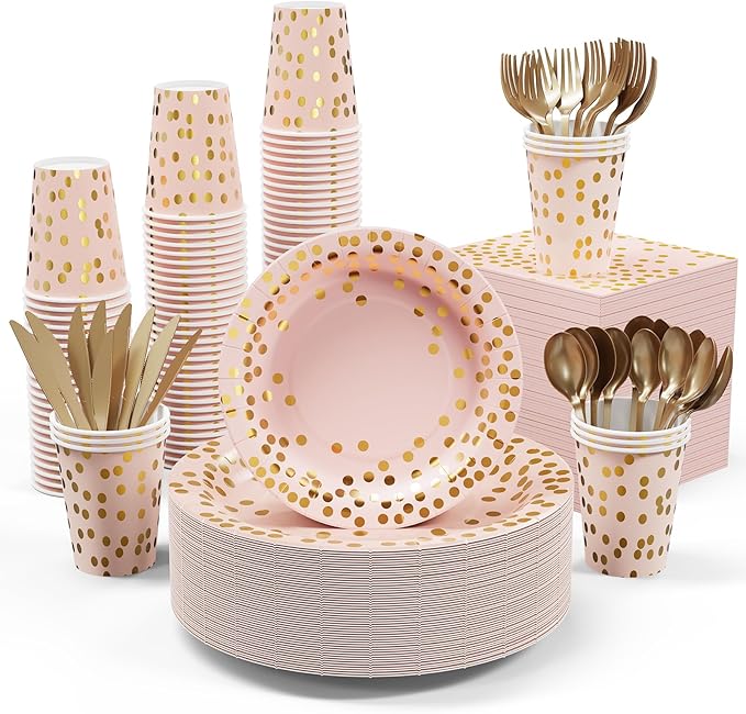 Pink and Gold Party Supplies - 350 PCS Disposable Dinnerware Set - Pink Paper Plates Napkins Cups, Gold Plastic Forks Knives Spoon for Graduation, Birthday, Cocktail Party