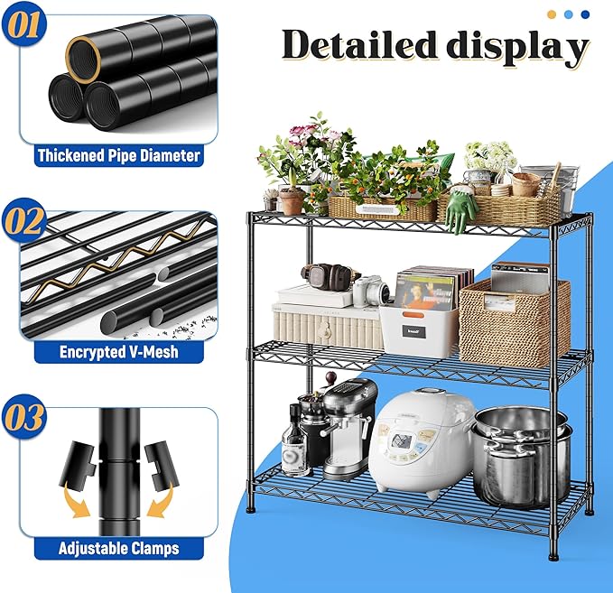 3- Shelf Metal Shelving Unit Adjustable Storage Shelves Heavy Duty Garage Shelving Steel Wire Shelving for Laundry Bathroom Kitchen Pantry Closet Garage Black, 35.6Wx14Dx36H