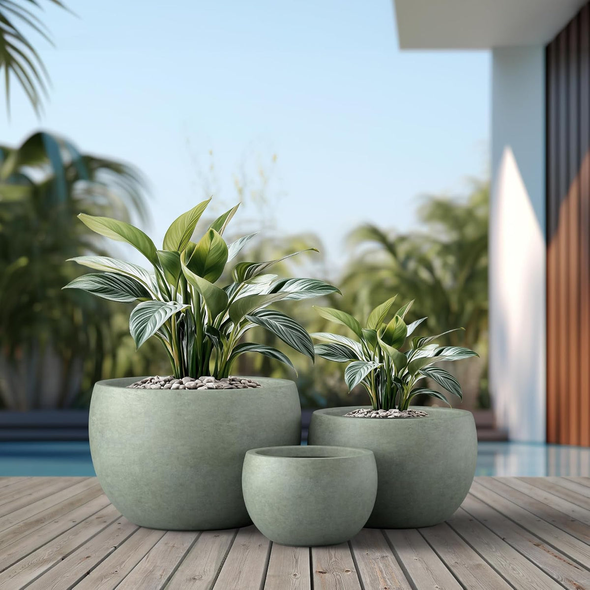 Kante 19.9",15.7",11.8" Dia Round Concrete Planter Set of 3, Outdoor/Indoor Large Bowl Plant Pots with Drainage Hole and Rubber Plug for Garden Patio Balcony Home, Mint Green