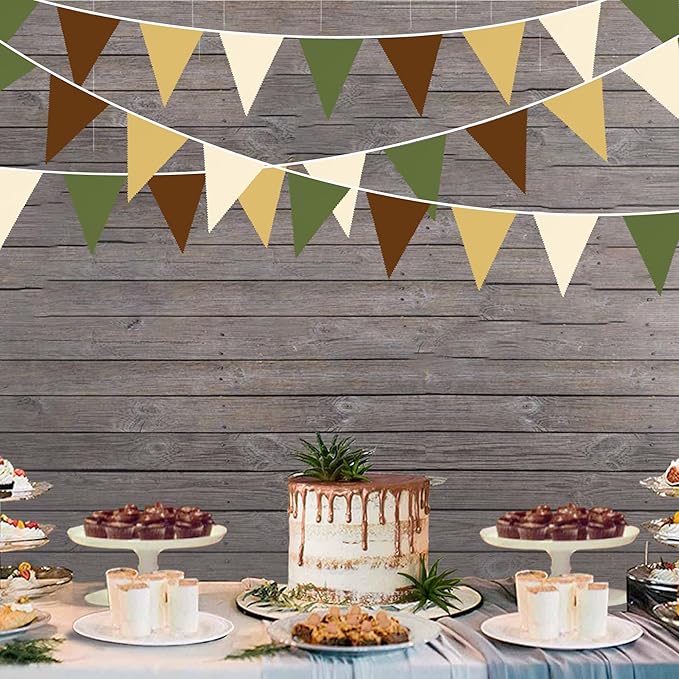 32Ft Woodland Party Decorations Olive Green Tan Brown Cream Neutral Triangle Flag Fabric Banner Pennant Bunting Garland Streamers for Birthday Wedding Baby Shower Jungle Safari Camping Party Decor