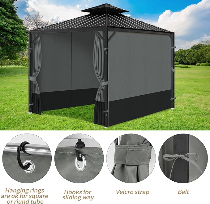 Gazebo Privacy Curtains 11' x 13' with Zipper 4-Panels Side Wall Universal Replacement for Patio, Outdoor Canopy, Garden and Backyard Gray and Black (Curtain Only)