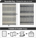 Waterproof Outdoor Rug 6x9ft, Bohemia Reversible Plastic Straw Mat for Patio RV Deck Porch Backyard Balcony Camping Picnic Beach Indoor Outdoor Carpet, Black&Beige