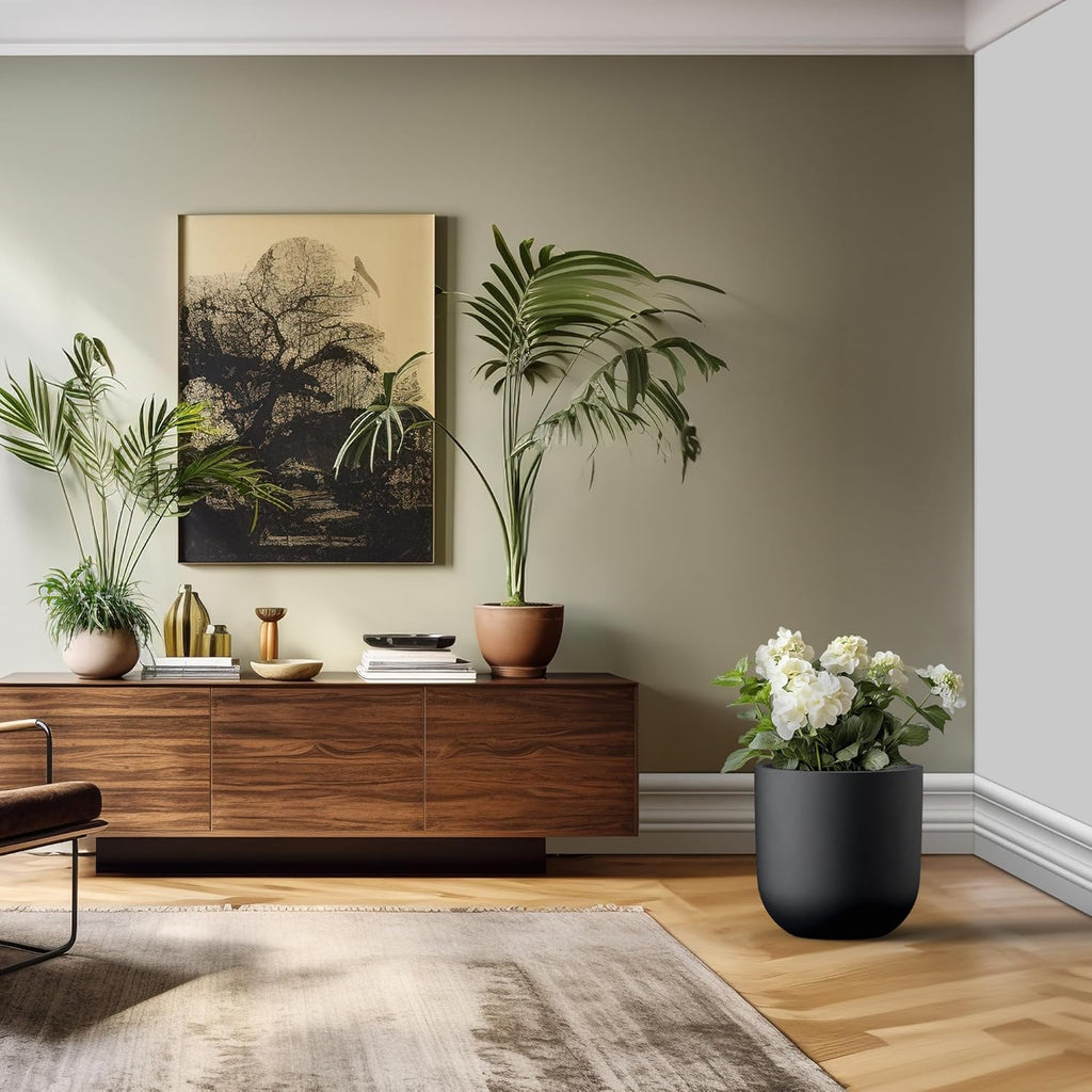 Kante 16.5" Round Concrete Planter, Large Cylinder Plant Pot with Curved Bottom and Drainage Hole, for Indoor and Outdoor Use – Garden or Patio, Black Finish with Warm Brown Interior