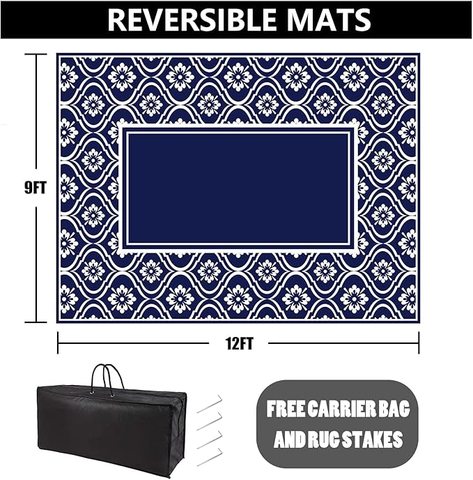 RV Outdoor Rug Waterproof Mat 9'x12' Camping Carpet Blue Outside Area Rugs Reversible Rugs for Deck Entryance Porch Picnic Balcony Beach