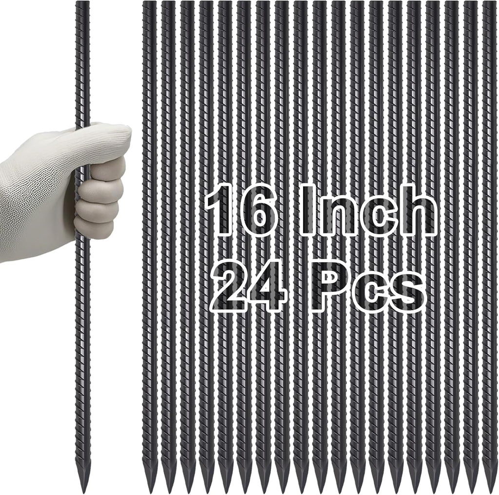 VVOKGO Rebar Stakes 16 Inches Ground Concrete Form Stakes (24pcs), Straight Metal Spikes Heavy Duty with Chisel Point End, 5/16" Diameter Steel Anchors for Fence, Concrete Timber, Garden Plants, Black
