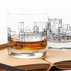 Black Lantern Whiskey Glass Set - Old Fashioned Tumbler Glasses for Cocktails Bourbon Scotch and Whisky - Nature Graphics - Two 11oz. Tumblers with Heavy Base (Locomotive Blueprints)
