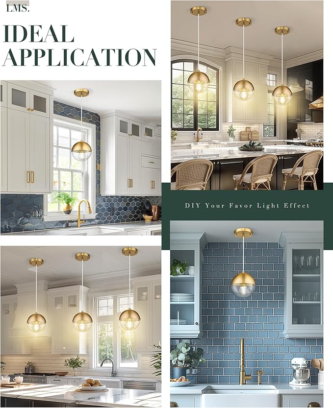 LMS 6-inch Modern Pendant Light, Brushed Gold Industrial Kitchen Island Pendant Light with Clear Globe Glass, Adjustable Hanging Pendant Light Fixtures for Dining Room Living Room, LMS-186BGCS