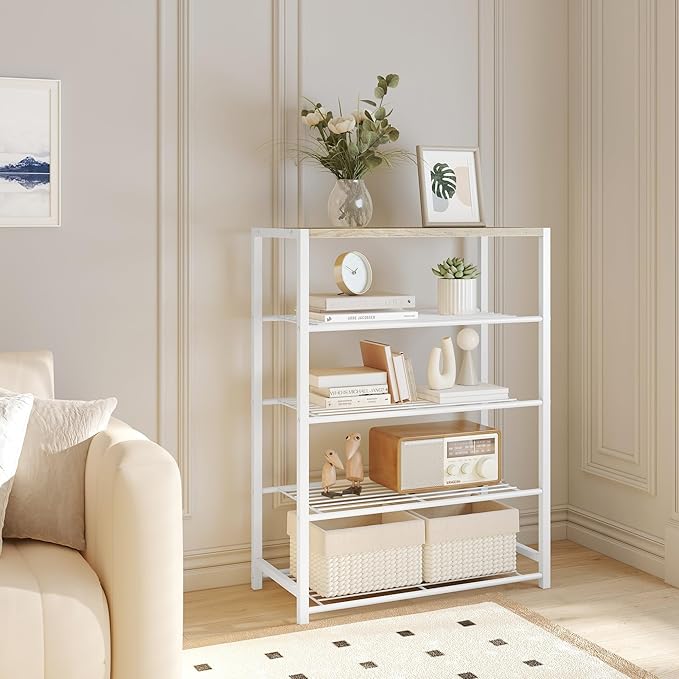 Yusong Shoe Rack Organizer, 5 Tier Industrial Shoe Storage Shelf, Narrow Sturdy Metal Shoe Shelves for Closet Entryway, White
