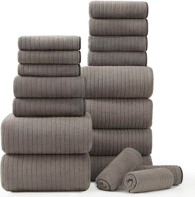18 Piece Bath Towels Set,Super Soft Family Bathroom Towel Set with Hanging Loops-6 Bath Towels,6 Hand Towels,6 Washcloths,Highly Absorbent Quick Dry Shower Towel for Bathroom,Hotel,Spa-Brown Towel Set