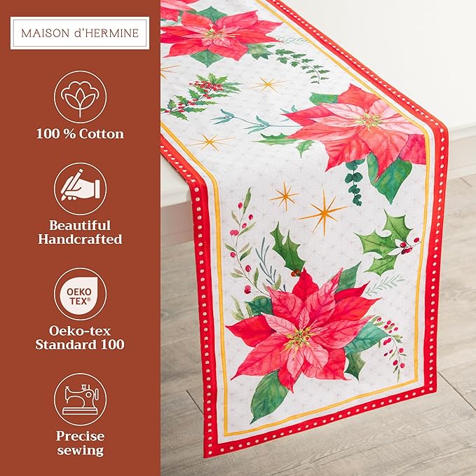 Maison d' Hermine Table Runner 100% Cotton Double Layer Table Runners 72 inches Long for Thanksgiving Christmas Decorations Home Kitchen Dining Party Wedding (Poinsettia Christmas, 14.5" x 72")