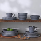 Famiware Plates and Bowls Sets, Annecy Stoneware Dinnerware Sets for 8, 24 Pieces Dish Set, Plate with Lip Edge, Reactive Glaze Tableware - Microwave & Dishwasher Safe, Misty-Blue