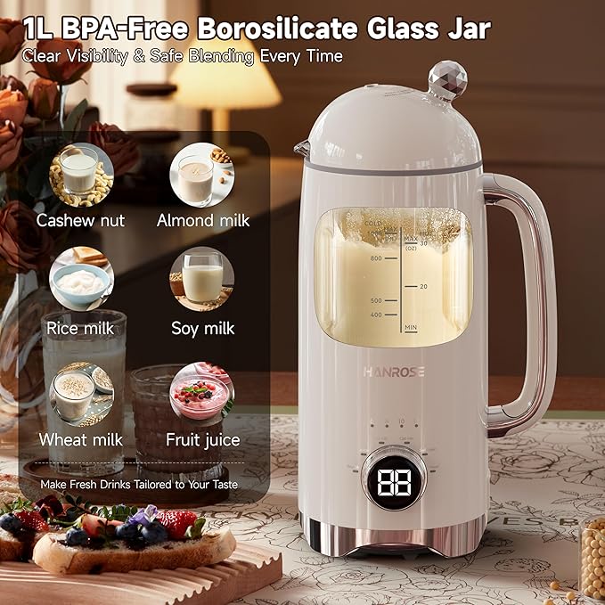 6-in-1 Upgraded 34oz Nut Milk Maker Machine with 8 Stainless Steel Blades, Automatic Plant-Based Milk Maker for Homemade Soy, Almond, Oat, Shakes & More, Keep Warm, Delay Start & Self-Cleaning