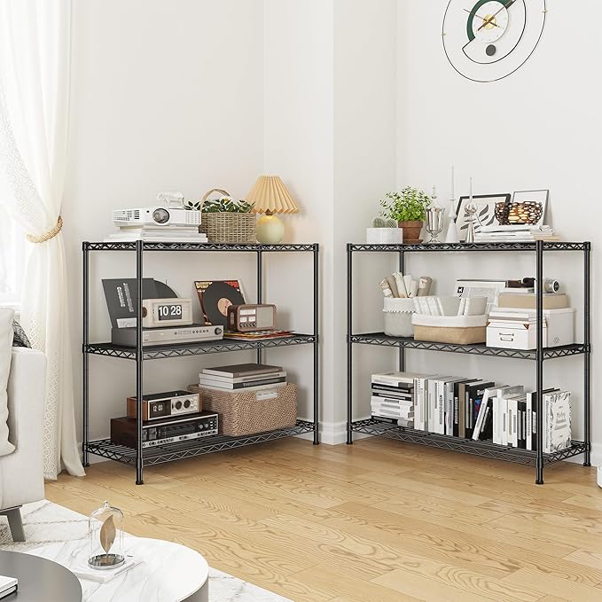 3- Shelf Metal Shelving Unit Adjustable Storage Shelves Heavy Duty Garage Shelving Steel Wire Shelving for Laundry Bathroom Kitchen Pantry Closet Garage Black, 35.6Wx14Dx36H