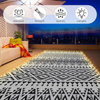 8x10ft Waterproof Outdoor Rug with LED Lights, Bohemia Reversible Plastic Straw Mat for Patio RV Camping Picnic Balcony Beach Deck Indoor Outdoor Carpet, Black&White