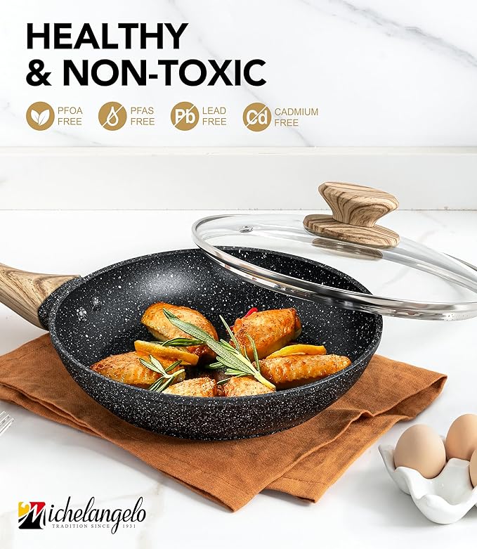 MICHELANGELO 8 Inch Nonstick Frying Pan with Lid, Non Stick Small Frying Pan with Non-Toxic Coating, Non-Stick Skillet with Ergonomic Handle, All Cooktops Compatible, Black