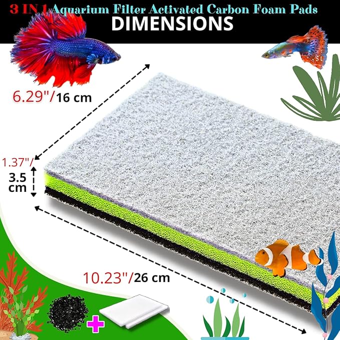 CORISRX 3IN1 Aquarium Filter Sponge Foam Pads - Filter Media for 20 Gallon Betta Fish Tank Supplies, Brine Shrimp Coarse Sponge Bio Filter Sheet - Filter Sponge Accessories (Plus Activated Carbon)