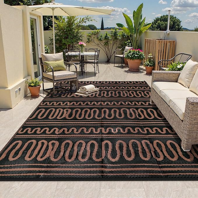 Beeiva Outdoor Rug 8x10 Patio Waterproof, Reversible 8x10 Outdoor Rug for Patio, Washable Outdoor Plastic Straw Rug for Deck, Balcony, Backyard, Porch, Camping, Picnic - Black/Brown
