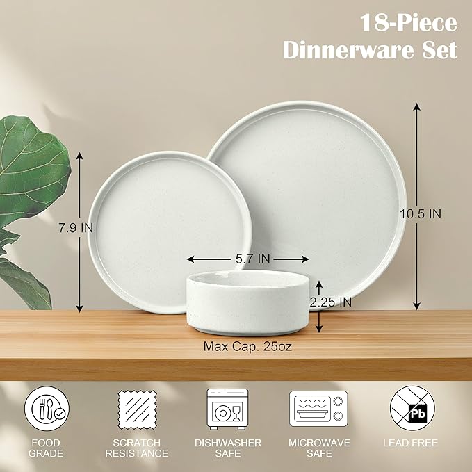 E-far Dinnerware Sets for 6, 18-Piece Stoneware Plates and Bowls Set, Modern Kitchen Dinning Dishware, Chip and Scratch Resistant, Microwave & Dishwasher Safe, Speckled White