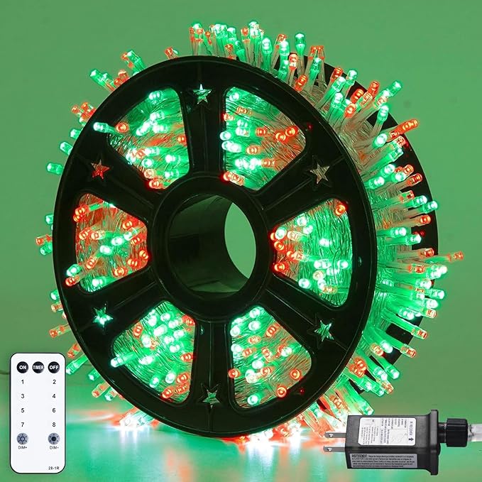JMEXSUSS 500 LED Red and Green Christmas Lights, 8 Modes 163ft String Lights Plug in with Remote Control, Clear Wire Christmas String Lights Outdoor Waterproof for Outside Tree Yard Wedding