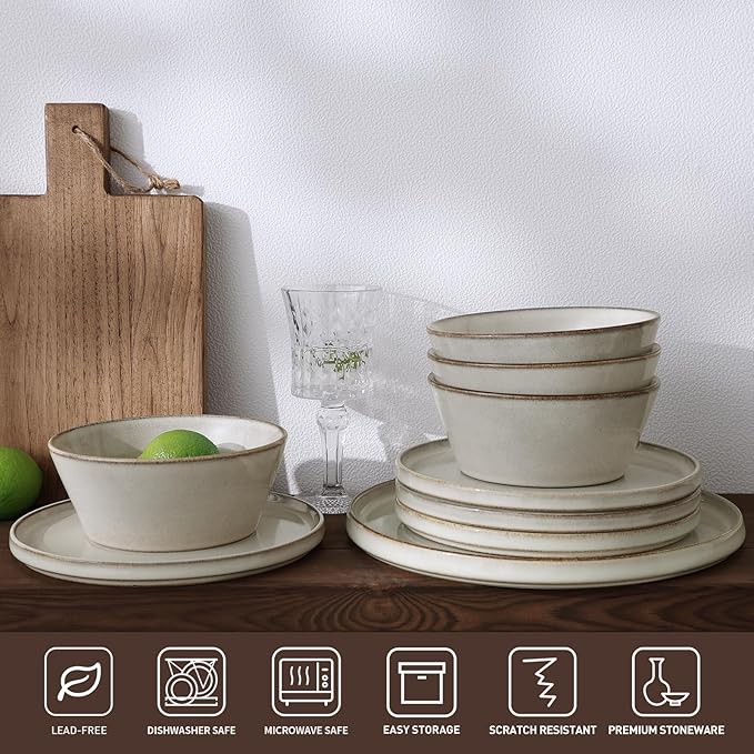 Famiware Plates and Bowls Sets, Annecy Stoneware Dinnerware Sets for 8, 24 Pieces Dish Set, Plate with Lip Edge, Reactive Glaze Tableware - Microwave & Dishwasher Safe, Grey-White