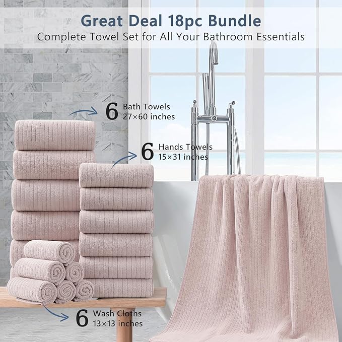 18 Piece Bath Towels Set,Soft Family Bathroom Towel Set with Hanging Loops-6 Bath Towels,6 Hand Towels,6 Washcloths,Highly Absorbent Quick Dry Shower Towel for Bathroom,Hotel,Spa-Blush Pink Towel Set