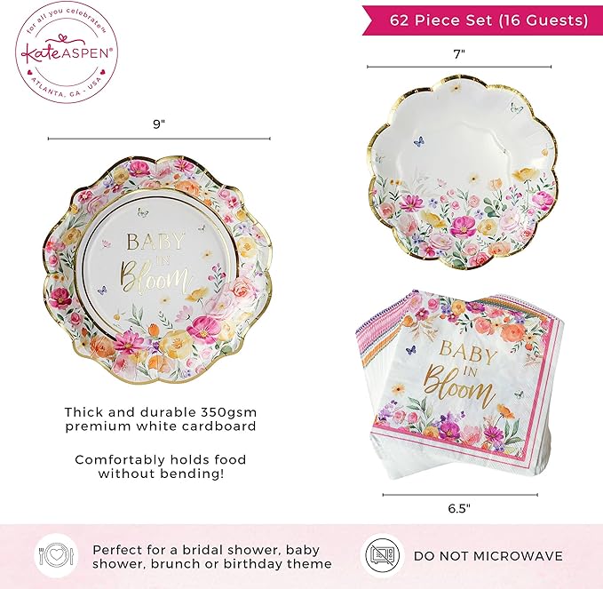 Kate Aspen Baby in Bloom 62 Piece Party Tableware Set Baby Shower Party Decorations Plates & Napkins, Vibrant Floral Botanical (16 Guests)- Perfect for Greenery Baby Shower