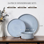 E-far 24-Piece Stoneware Dinnerware Sets, Plates and Bowls Sets for 8, Kitchen Modern Dinning Porcelain Dishes Set, Chip & Scratch Resistant, Dishwasher & Microwave Safe, Dusty Blue