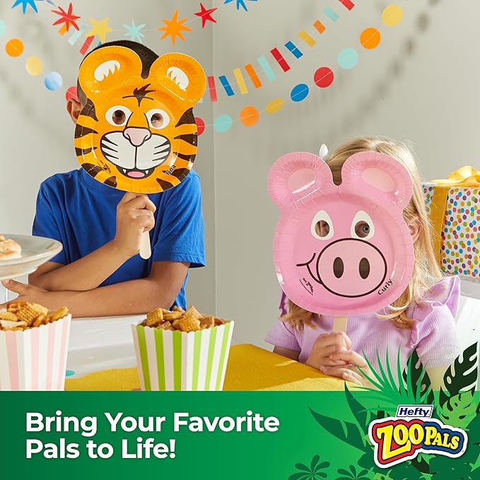 Hefty Zoo Pals Party Edition Paper Plates for Kids, Assorted Animal Designs, 7.75 Inches with Two Dipping Compartments, 20 Count (Pack of 2)