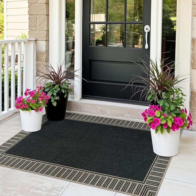 OJIA Easy Jute 3x5 Outdoor Rug Front Door Mats Washable Rugs for Entryway, Striped Border Black Rug Non-Slip Indoor Doormat Outdoor Porch Rug Farmhouse Area Rug for Outside Patio Living Room