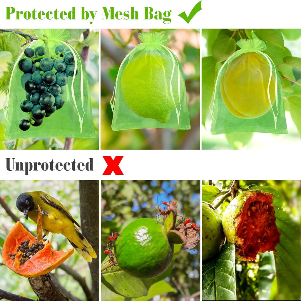 Morcheiong 60Pcs Protection Bags 6" x 8", Reusable Netting for Fruit Trees, Garden Mesh With Drawstring (Green)