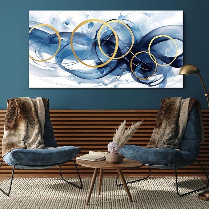 HKDGOKA Abstract Wall Art Living Room - Large Canvas Gold Blue Gradient Canvas Paintings Wall Artwork Modern Office Bedroom Pictures for Kitchen Bathroom Wall Decor 29x58 In