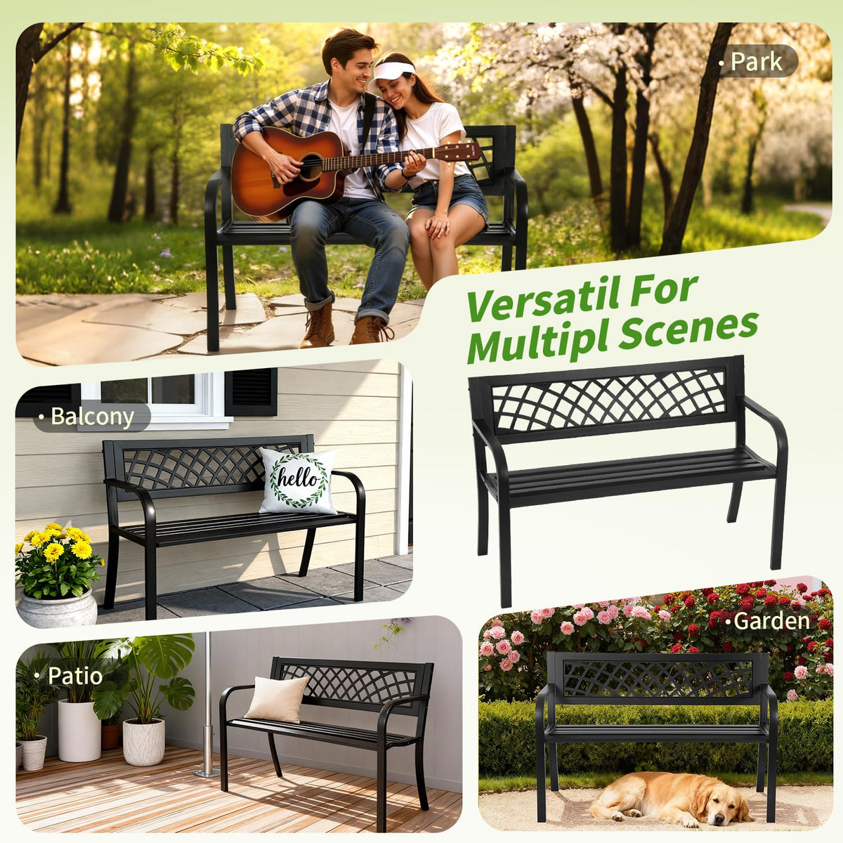 FDW | 46" Outdoor Garden Bench | Black | 480lbs Load Capacity