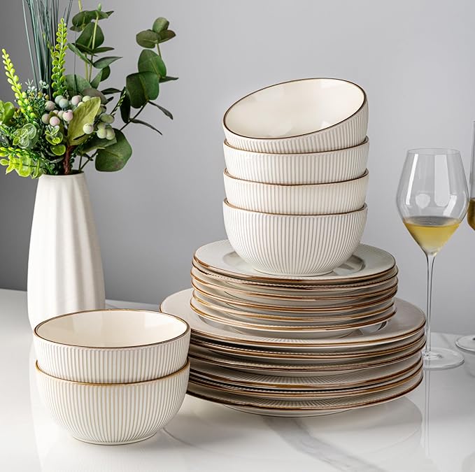 GBHOME Ceramic Dinnerware Sets,18 pcs Embossed Elegant Stoneware Plates and Bowls Sets, Housewarming Wedding Gift | Dishwasher & Microwave Safe | Dishes Set Service for 6
