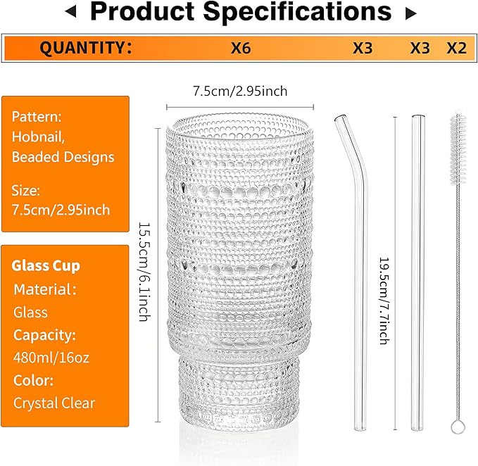 KEMORELA Glass Cups Vintage Glassware Set of 6 Large, Hobnail Drinking Glasses, 16oz Glass Cups With Straws, Romantic Hobnail Highball Glasses, Bar Beverages Ice Coffee Cup Glassware