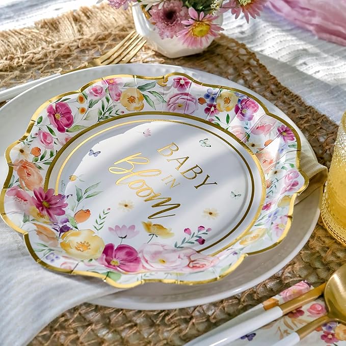Kate Aspen Baby in Bloom 62 Piece Party Tableware Set Baby Shower Party Decorations Plates & Napkins, Vibrant Floral Botanical (16 Guests)- Perfect for Greenery Baby Shower